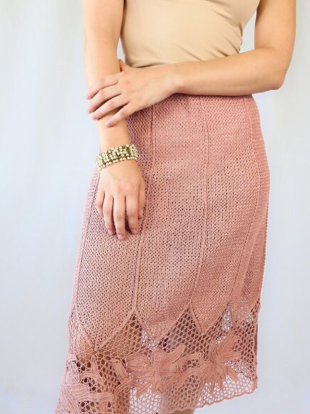80'sVintage Hand Crocheted Pink Midi Skirt with Lily Flower Motif and Side Slits